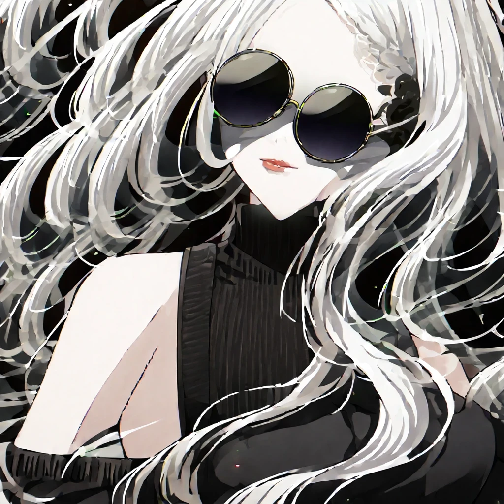 1girl, female gojo satoru, anime screencap from jujutsu kaisen, gojo satoru female version, solo, very long_hair, ((smooth texture hair)) blue eyes, ((white eyelashes)), ((very long white_hair)), night view, breasts, upper_body, smile, indoors, book, bangs, blue_eyes, lips, (wearing round sunglasses) (( hairstyle with long, straight white hair that has a slight natural wave at the ends. Please give it a middle part, and ensure it frames her face smoothly without any harsh layers. The overall look should be sleek and elegant, similar to an anime character's style)) wearing black color sweater off the shoulder, breast, "very detailed and high resolution" (blue eyes) ((cross arms)) ((smooth texture hair)) ((solo)) ((high resolution)) ((upper body)) (Good quality)