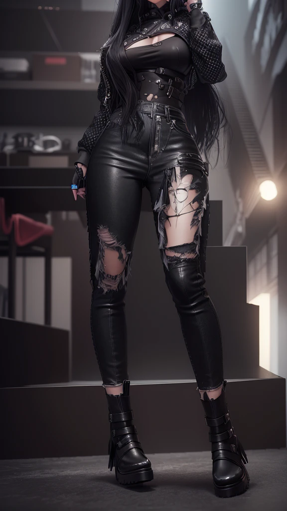AVATAR SECOND LIFE Korean girl, coat with holes black, black blouse, Asian, long white hair,Perfect and detailed face, imvu, maximalist details, AVATAR SECOND LIFE Korean blusa , neon, , jeans and black boots