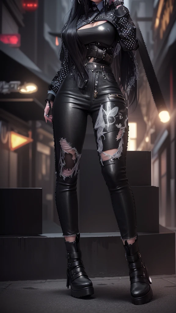 AVATAR SECOND LIFE Korean girl, coat with holes black, black blouse, Asian, long white hair,Perfect and detailed face, imvu, maximalist details, AVATAR SECOND LIFE Korean blusa , neon, , jeans and black boots