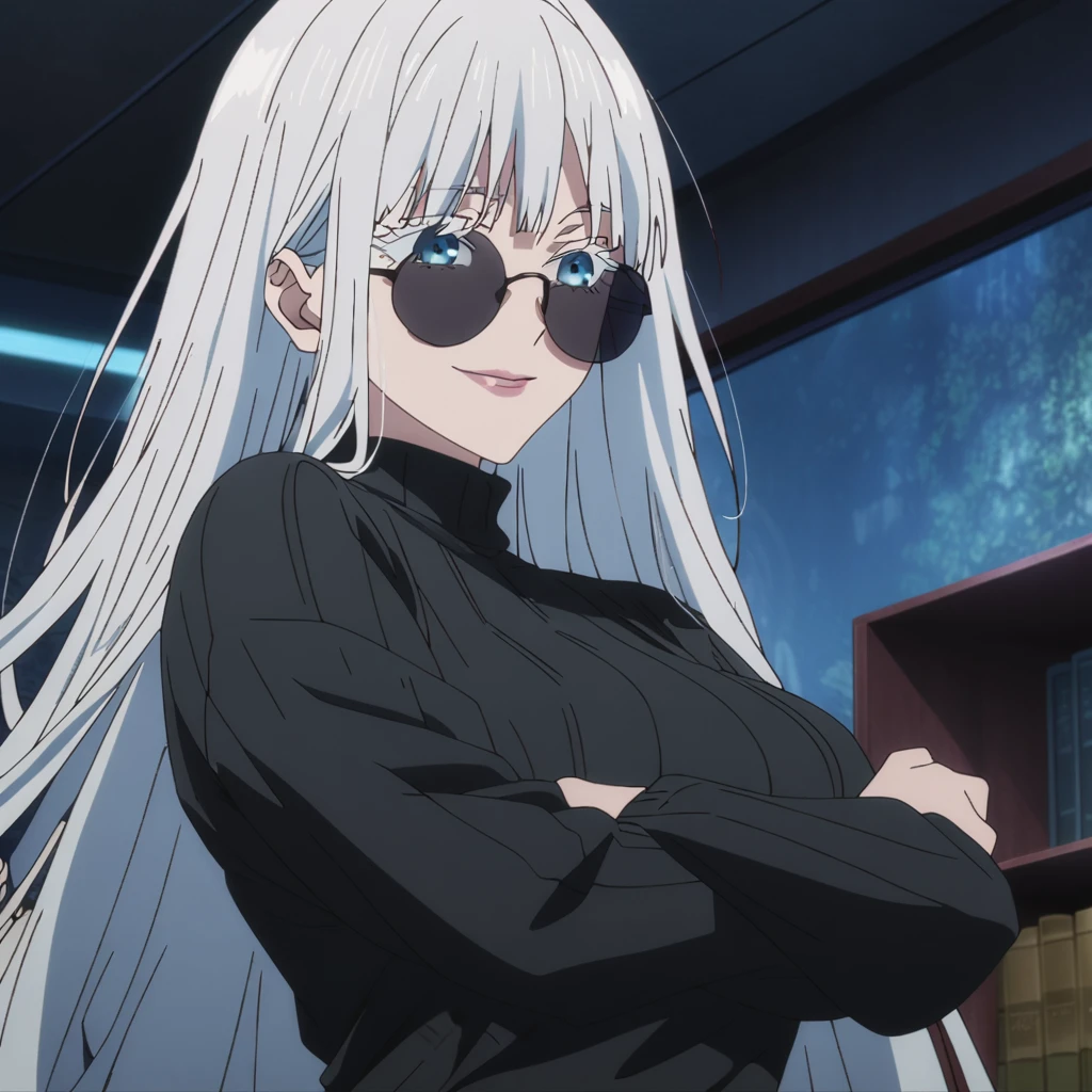 1girl, female gojo satoru, anime screencap from jujutsu kaisen, gojo satoru female version, solo, very long_hair, ((smooth texture hair)) blue eyes, ((white eyelashes)), ((very long white_hair)), night view, breasts, upper_body, smile, indoors, book, bangs, blue_eyes, lips, (wearing round sunglasses) ((The hair has a "smooth" and "straight texture" with some gentle waves)) wearing black color sweater off the shoulder, breast, "very detailed and high resolution" (blue eyes) ((cross arms)) ((smooth texture hair)) ((solo)) ((high resolution)) ((upper body)) (Good quality)