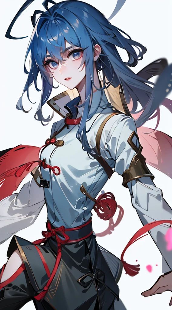 Masterpiece, Best quality, 1 Tang Wu Tong, the expression is cold, strong, blue eyes, short hair, wolfcut hairstyle, smoky mix blue color hair, resolute eyes, red lips, simple Taoist Taoist uniform, Chinese mix morden, frontal photo, black or white background, simple background, anime, illustration, hafl body