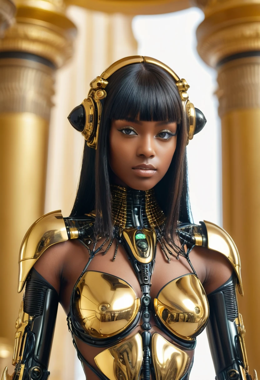 close-up, without clothes cute sexual black 17 years girl wears an insectoid exoskeleton made from glass parts, looking at me, flirt, love me, cybernetic gold parts of body, straight hair, against the backdrop gold Egyptian columns, ultra high quality detailing