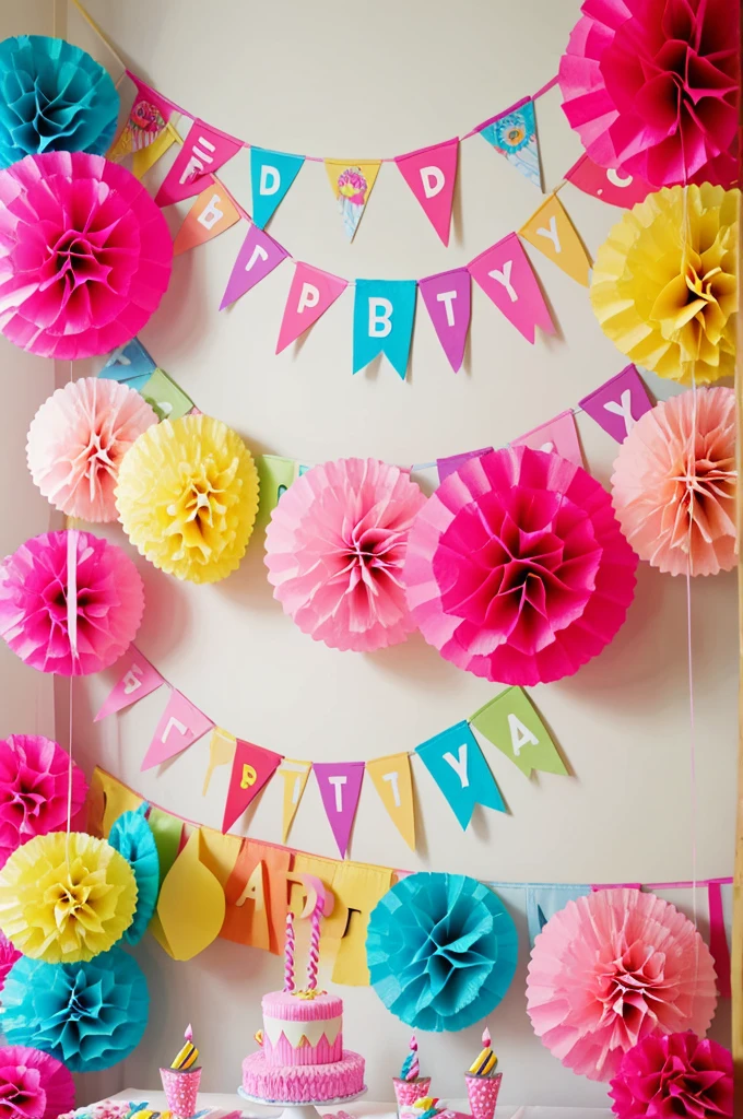 Birthday party decoration with crepe paper pinata and decoration with giant paper flowers