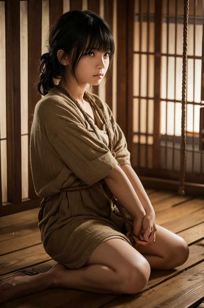 Kanao Tsuyuri　Black hair with bangs　prison　A dimly lit cage made of wooden bars　barefoot　The woman is forced to sit upright with both hands tied behind her back with a rope.　