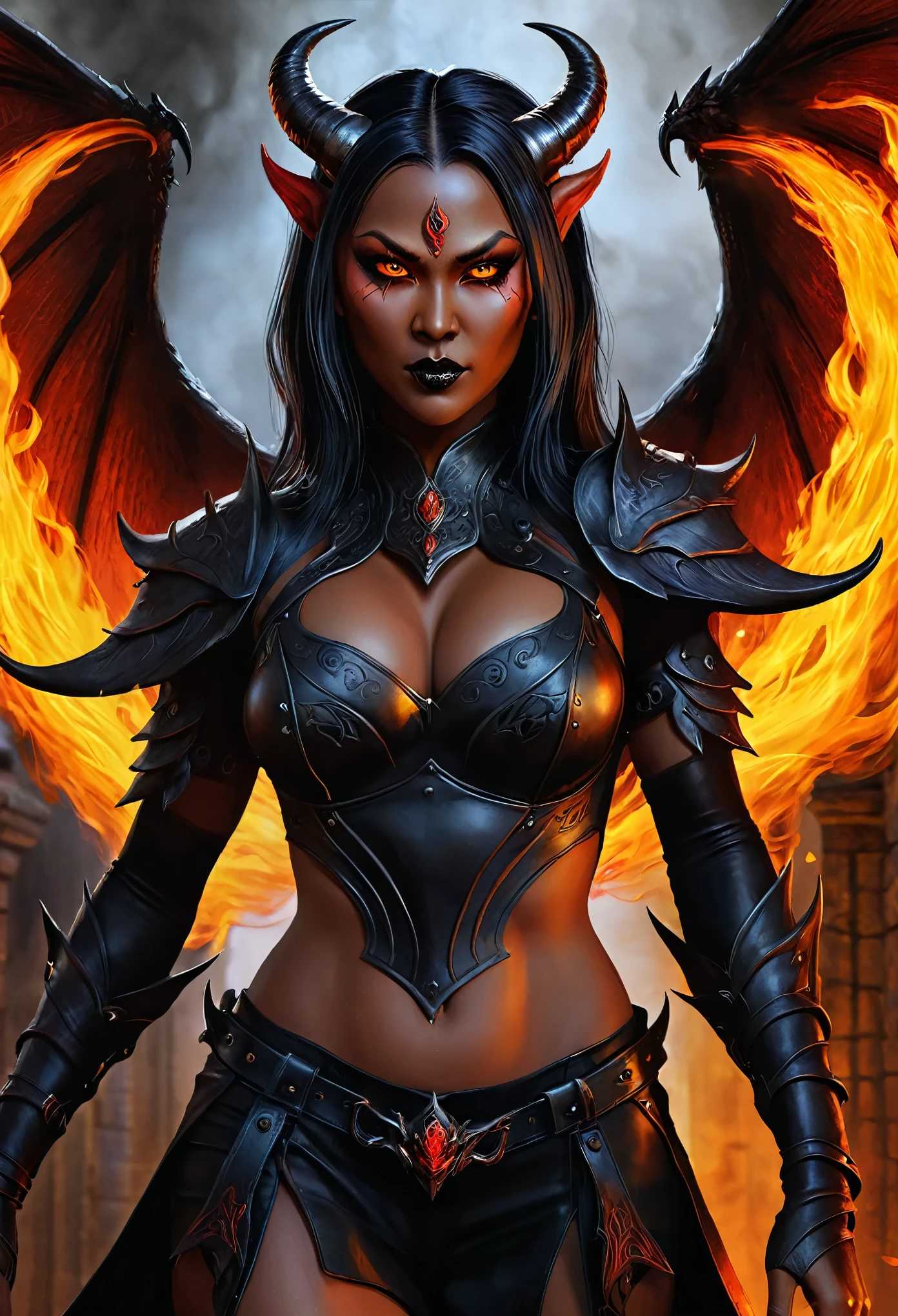Detailed digital painting of full body female Baldur's Gate 3 Demon Mizora, Amita Suman, stunning pretty but mean facial traits, grey skin, leathery huge and black demonwings, fiery and ominous atmosphere, high quality, digital painting, menacing demonic features, glowing eyes, intense expression, swirling background flames, dark and foreboding color tones, intricate horns, fiery backdrop, dramatic lighting