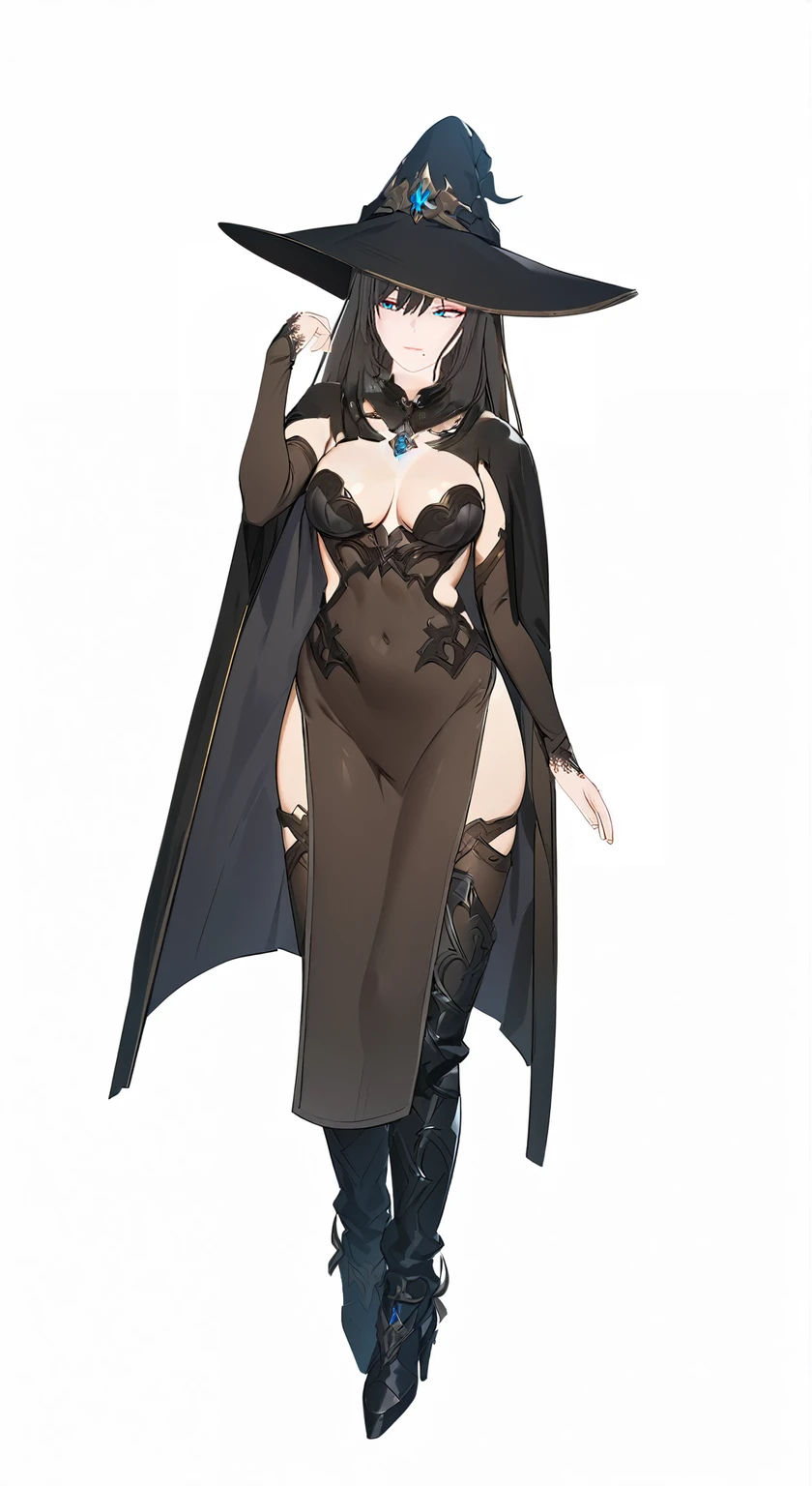 masterpiece, best quality, 1woman adult, female focus, solo, black hair, vibrant blue eyes, long hair with fringe, looking at viewer, closed mouth, bangs, Fantasy aesthetics, fantasy earring, Highly detailed, shadowverse style, black attire, sorceress