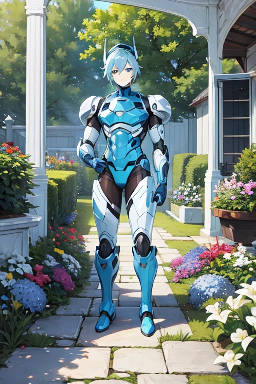 robot man, short light blue hair, blue eyes, White cap, in a garden 