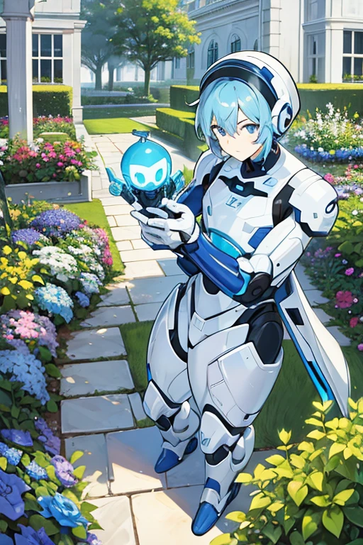 robot man, short light blue hair, blue eyes, White cap, in a garden