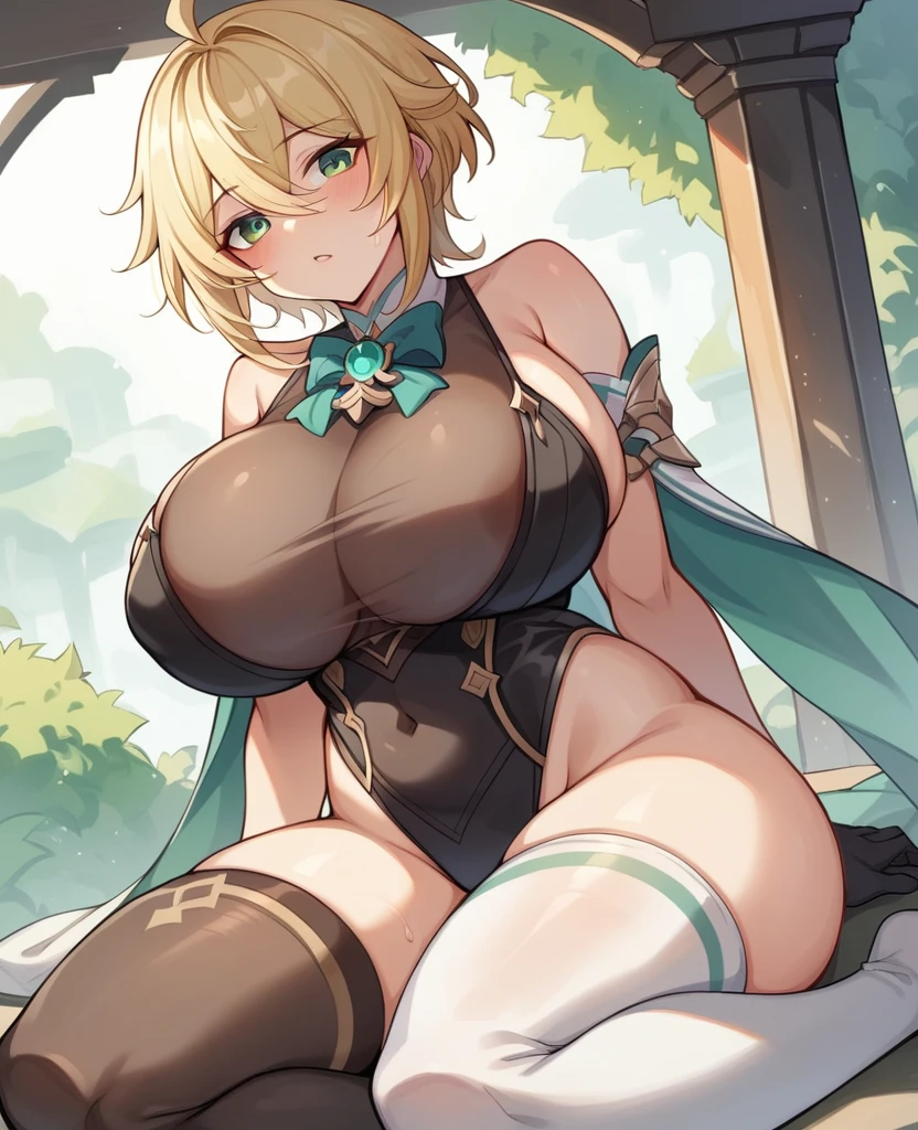 （One girl）、((short hair))、((Blonde))、[Genshin Impact]、(beautiful girl)、[gigantic breasts]、plump、[Big thighs]、green eyes、wizard、Black Vest、Black leotard、White sleeveless、((hairs between eyes))、((thigh-high socks thighhighs))、(long gloves)、say、((see-through))
