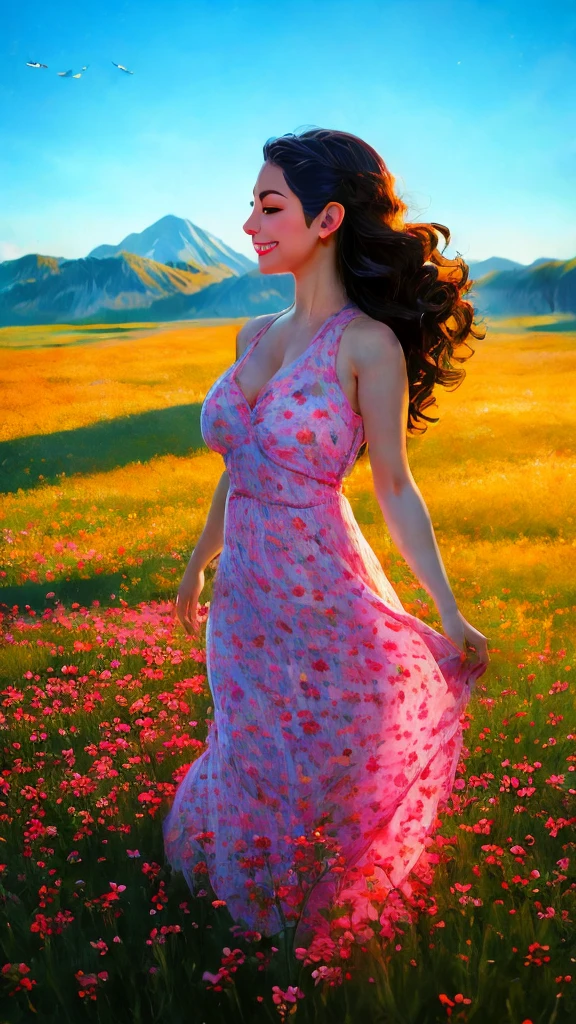 (best quality,4k,8k,highres,masterpiece:1.2),ultra-detailed,(realistic,photorealistic,photo-realistic:1.37),beautiful girl,gazing at the sunrise,sun rising in the east,enchanting warm dawn,golden-pink hues,freshness and transparency,illustration,dreamy scene,serene garden,soft morning light,blooming flowers,whispering gentle breeze,peaceful atmosphere,morning dew on green grass,sparkling water droplets,clear blue sky,birds singing in harmony,colorful butterflies dancing around,the girl's captivating eyes, long eyelashes,and flawless complexion,flowing golden wavy hair,fresh morning makeup,with rosy lips and bright smile,feminine floral dress,graceful posture,strolling among the blooming roses,twinkling sunlight filtering through the leaves,creating beautiful patterns of shadows,distant mountains painted with pastel colors,soothing sounds of nature,capturing the beauty of a new day,portraying the magic of sunrise in an exquisite painting