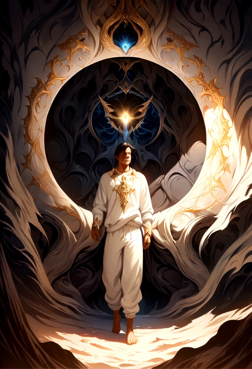 dark background, man wearing white sweats, very beautiful,masterpiece, best quality, (Highly detailed CG Unity 8k wallpaper), (best quality), (best illustration), (best shadow), absurd, realistic lighting, (Abyss), beautiful detailed light, Art by PeterMohrBacher,