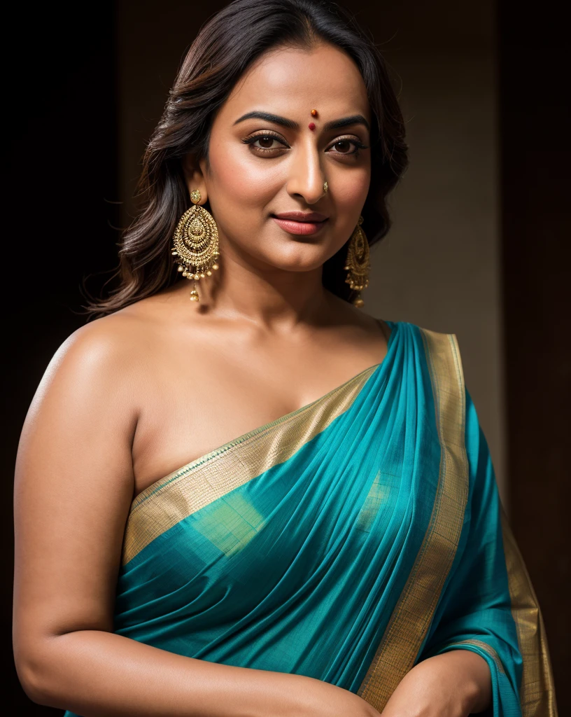 Foto RAW, photorealistic, photography, full body shot, 50 years old Woman, master shot, perfect eyes, goddess like beauty, pierced eyes, perfect thick chubby mallu Desi aunty bhabhi, Wearing a Stanapatta, a chest-band.Saree model, model Photography, Indian saree shoot, Indian traditional wear advertising photography, traditional wear brand shoot, face of Indian actress Sonakshi Sinha, masterpiece, realistic, realism, incredible details, pleasure, photorealism, detailed skin, skin pores, high contrast, photorealistic Artstation 8k HD digital art trend of high definition and detailed realistic skin texture, ultra detail, realistic skin texture, armature, best quality, ultra high definition, (photorealistic:1.4),, high resolution, detail, raw photo, sweat, Re sharp, by Lee Jefferies Nikon D850 Film Stock Photo 4 Kodak Portra 400 Camera F1.6 Lens Rich Color Ultra Real Realistic Realistic Textures Dramatic Lighting Unreal Engine Trending at Art Station Cinestill 800,(pele altamente detalhada: 1.2), 8k UHD, DSLR, soft-lighting, alta qualidade, grain of film, Fujifilm XT3,she didn't like to wear blouse or bra, she is happy to wear only saree, she hates blouse or bra, detailed hairy armpits, hyper realistic skin, skin pores, sweat, veins,