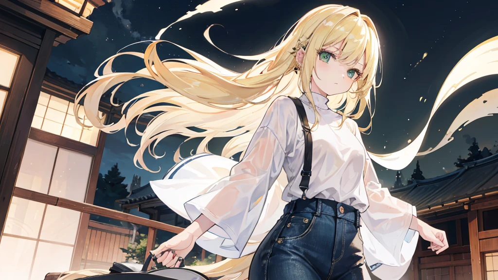 1woman, long blonde hair, green eyes, piercings, wearing plain white shirt, denim skirt, small kyoto town, night time, absurdres, high res, ultrasharp, 8K, masterpiece, looking at viewer