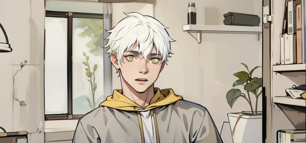 young 19-year-old male with white hair and yellow eyes, wearing a black tunic, thoughtful, speaking out loud.