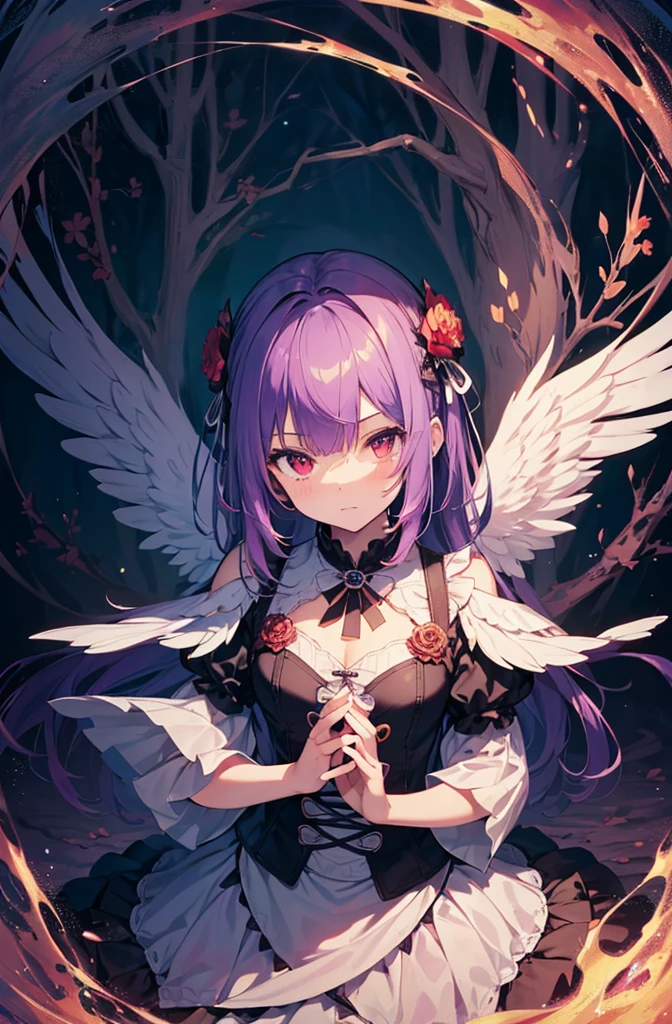 (masutepiece, Absurd quality, Best Quality, Official art, Beautiful and aesthetic:1.2), (1 little girl:1.4), ighly detailed, (Fractal Art:1.3), Colorful, highest details, Vivid Color, From above, Angel, albino, baby-face, Hugging the skull, Dark light, Fluffy white ruffled dress, White lace up short boots, fluffy Angel wings, Purple long hair, Beautiful detailed red eyes, glare at viewer, Lots of skulls,Full body,((upper body)),((Purple hair)),