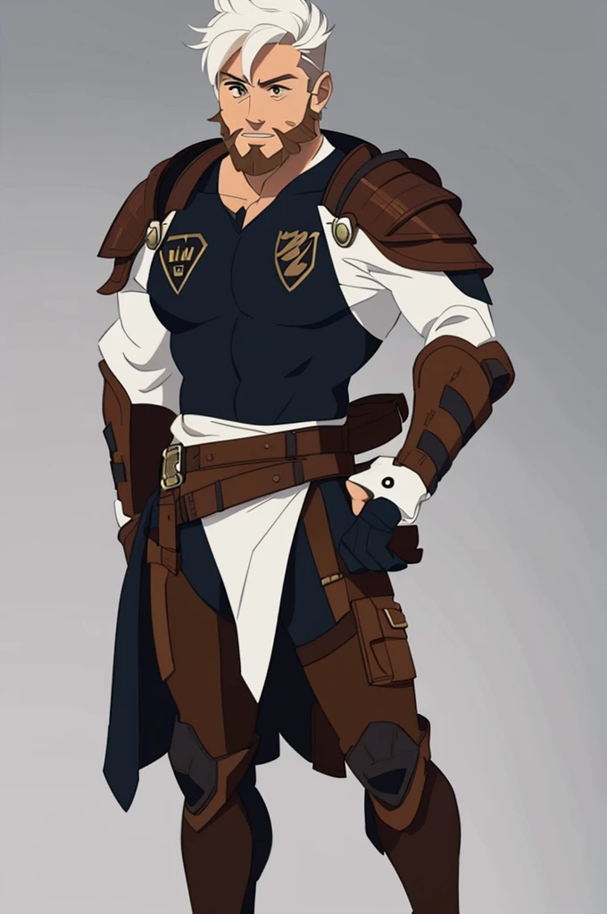 solo Male, muscular, White short hair, brown short beard, brown leather armor, wielding a pistol, full body
