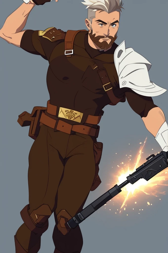 solo Male, muscular, White short hair, brown short beard, brown leather armor, wielding a pistol, full body
