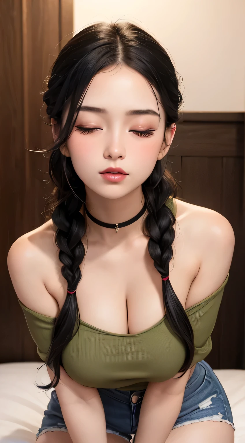 Amazing portrait of a sexy woman with her black hair in a single braid having a long forehead with seductive eyes and her lips parted smiling with the deepest blush wearing an off shoulder olive green t shirt and blue short shorts lying on the bed being very seductive and aroused during night time with soft lighting emphasizing her beautiful face