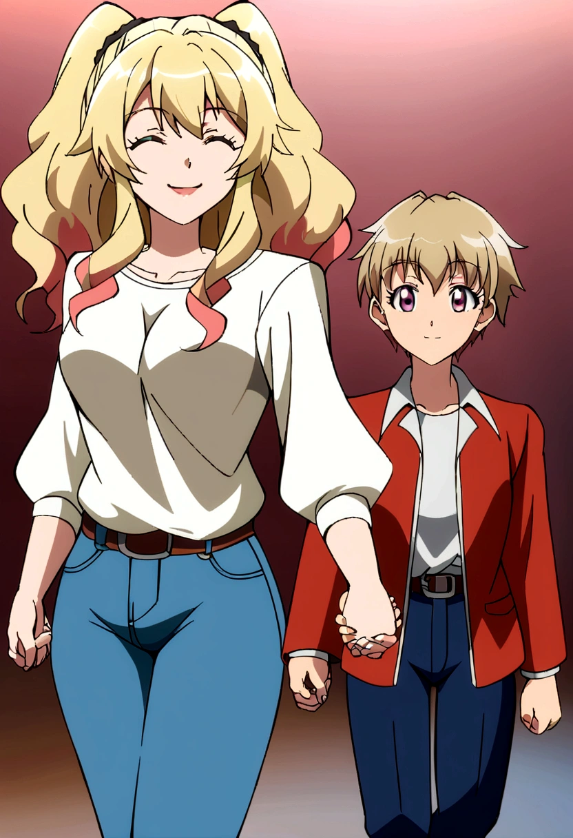 mature woman aoi kashima, wearing white shirt and jeans, anime style, soukan yuugi style, brunette short hair, 8k, best quality, 90s cell shading anime style, holding hands with a boy