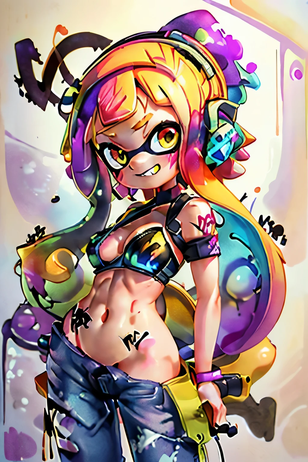 masterpiece, Highest quality, High resolution、Real Anime、3d、(One Splatoon girl), whole body、alone, Golden Eyeulticolored tentacle hair、 Crop top, Denim shorts, choker, (graffiti:1.5), Paint splashes, Put your arms behind your back, Against the wall, View your viewers, Armband, Thigh straps, panties、Big Breasts、Cleavage、body paint, Tilt your head, blush、boredom, Toothy smile、Multicolored Hair, headset, SLPP, shirt lift, pants pull,