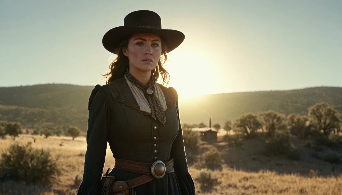 Create an image that illustrates this text: But every morning, she rose with the sun, determined to face another day. old West. high definition cinematic image.
