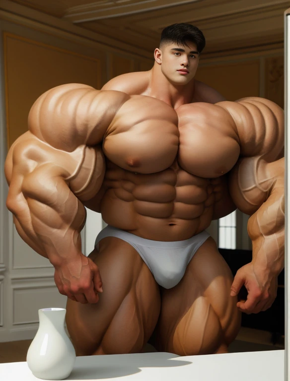 1boy, giant, alone, giant bodybuilder, illuminating light, strong body, bulk, large size, standing in white room photo studio, indoor, nude, white triangular underwear, thick bulge, scratch his bulge, extraordinary big, brutalmass, giant muscular body, bulk, buff, massive body, large meaty body size, extremely wide body