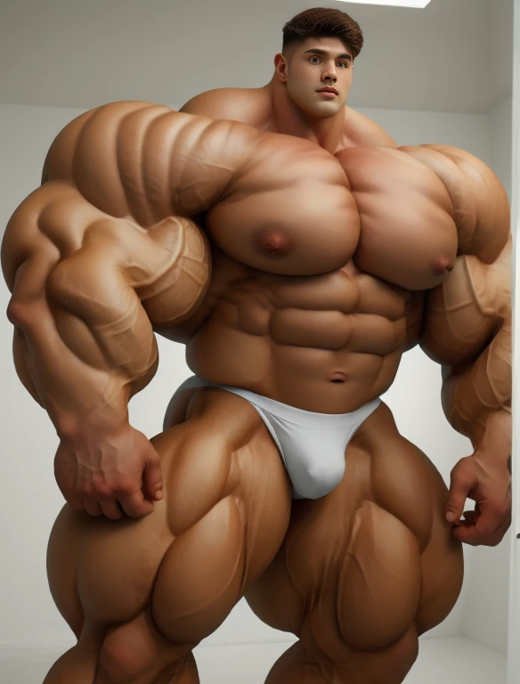 1boy, giant, alone, giant bodybuilder, illuminating light, strong body, bulk, large size, standing in white room photo studio, indoor, nude, white triangular underwear, thick bulge, scratch his bulge, extraordinary big, brutalmass, giant muscular body, bulk, buff, massive body, large meaty body size, extremely wide body