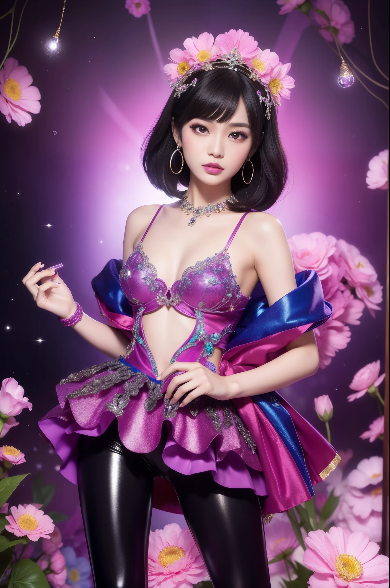 beautiful Thai model who controls poison、lipgloss、intense makeup、look at the camera、full body Esbian、、sparkling poisoned flower costume、、、、sparkling Colorful short hair、secrete poison、skull hair accessories schnet tights、shiny sparkling flowers background