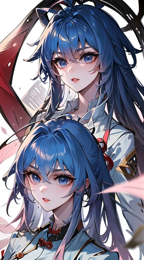 Masterpiece, Best quality, 1 Tang Wu Tong, the expression is cold, strong, blue eyes, short hair, wolfcut hairstyle, smoky mix blue color hair, resolute eyes, red lips, simple Taoist Taoist uniform, Chinese mix morden, frontal photo, black or white background, simple background, anime, illustration, hafl body