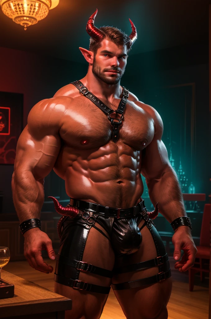 1boy, bara, gorgeous muscular red devil, black ornate codpiece, red shiny skin, harness, giant horns, big beard, big body hair, red lighting eyes, neon red gothic mansion interior, cinematic lighting, vpl