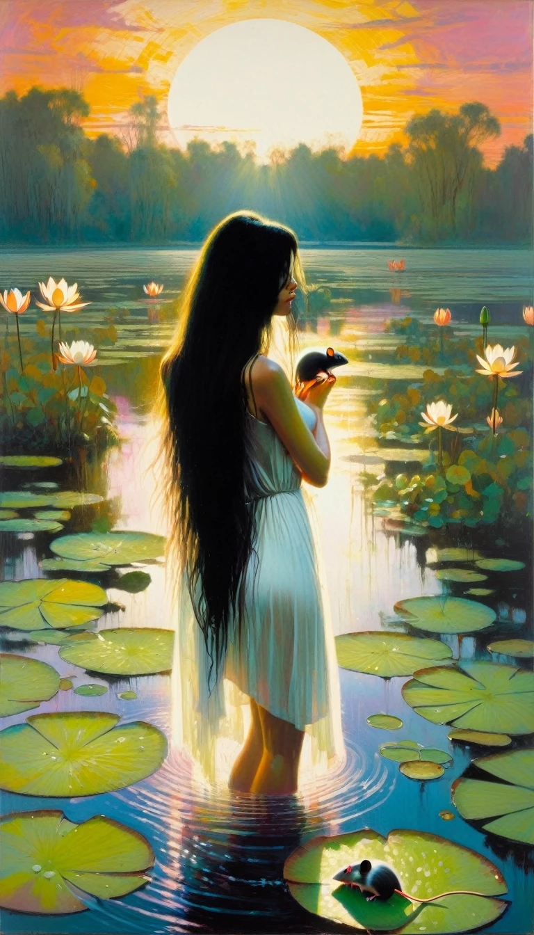 sexy woman with long black hair and her pet mouse, standing in the water in a swamp with water lilies, smelling the flowers of a tree, wet white dress, great landscape, sunset (art inspired in Bill Sienkiewicz). oil painting)