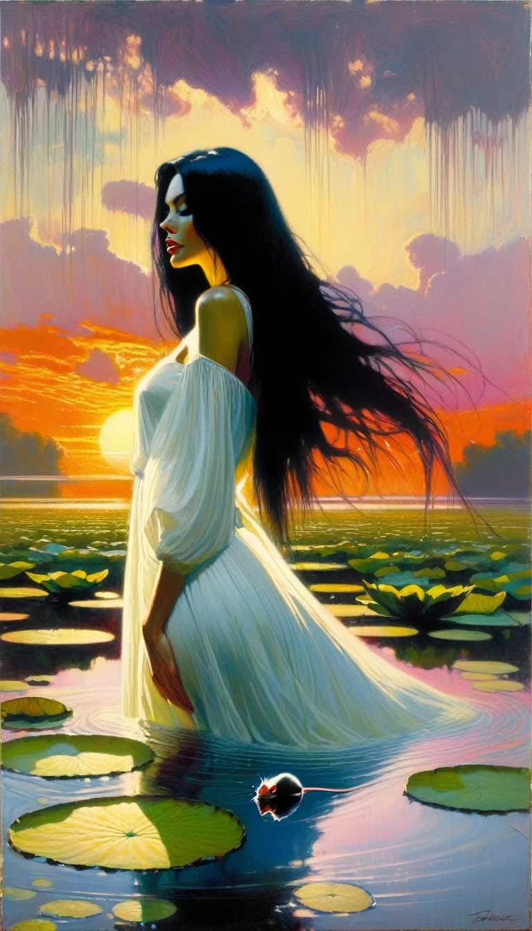 sexy woman with long black hair and her pet mouse, standing in the water in a swamp with water lilies, smelling the flowers of a tree, wet white dress, great landscape, sunset (art inspired in Bill Sienkiewicz). oil painting)