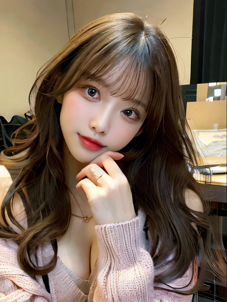 best qualtiy,tmasterpiece,超A high resolution,(realisticlying:1.4),
1girll long curly hair,Rich in detail, shoulder,cleavage,Knitwear, Deep shading, messy room, sit pose, Sitting on an object,korean style
