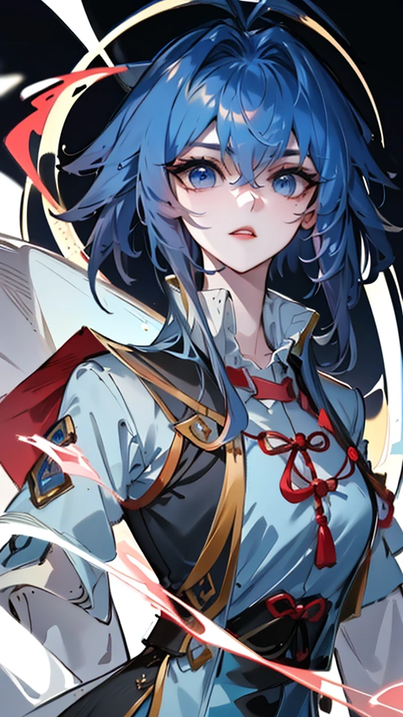 Masterpiece, Best quality, 1 Tang Wu Tong, the expression is cold, strong, blue eyes, short hair, wolfcut hairstyle, smoky mix blue color hair, resolute eyes, red lips, simple Taoist Taoist uniform, Chinese mix morden, frontal photo, black or white background, simple background, anime, illustration, hafl body