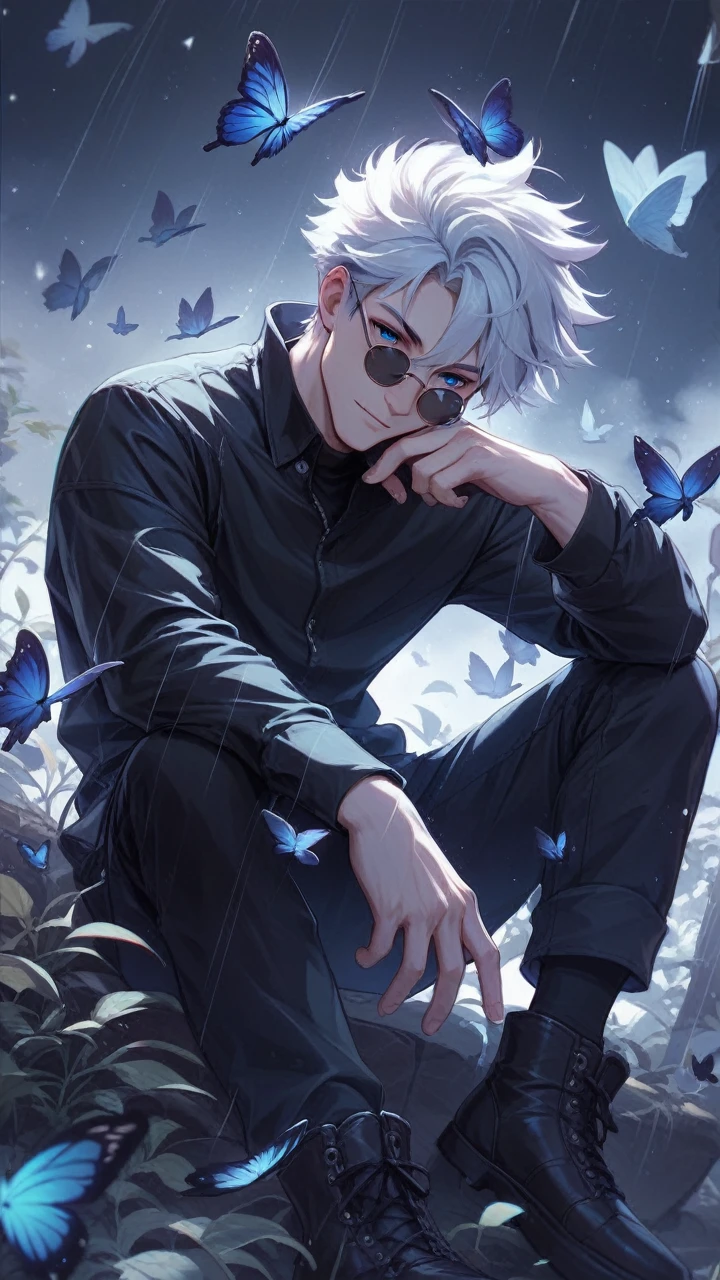 Illustration of a character with white hair, blue eyes, and wearing round sunglasses. They are dressed in a dark outfit, surrounded by blue and black butterflies under a light rain. The character is sitting with one arm resting on their knee and the other hand touching the ground.