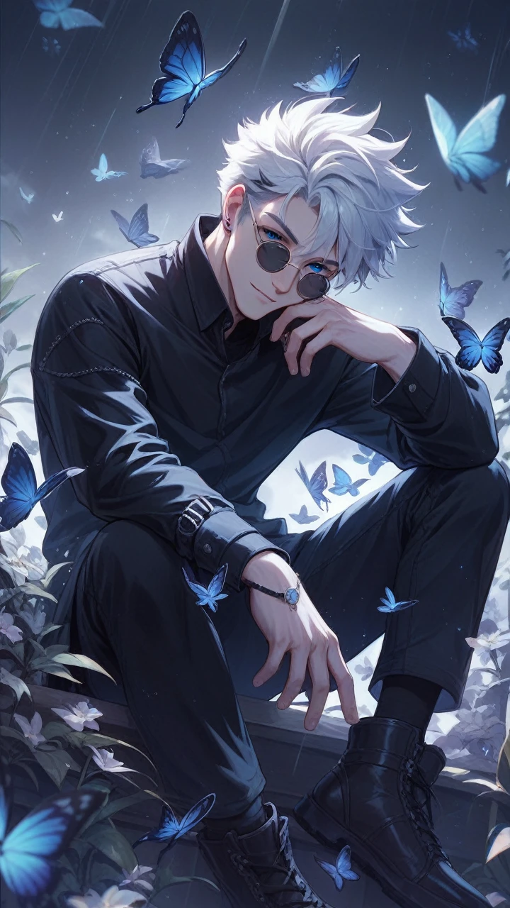 Illustration of a character with white hair, blue eyes, and wearing round sunglasses. They are dressed in a dark outfit, surrounded by blue and black butterflies under a light rain. The character is sitting with one arm resting on their knee and the other hand touching the ground.