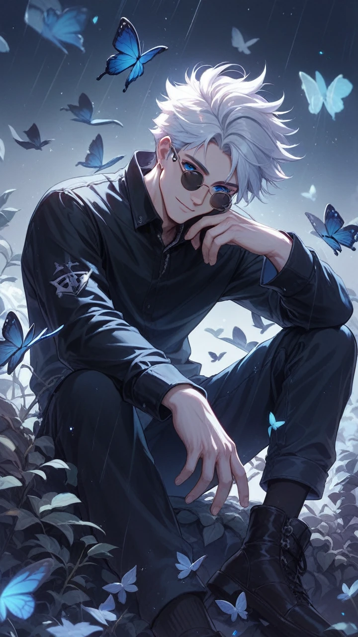 Illustration of a character with white hair, blue eyes, and wearing round sunglasses. They are dressed in a dark outfit, surrounded by blue and black butterflies under a light rain. The character is sitting with one arm resting on their knee and the other hand touching the ground.