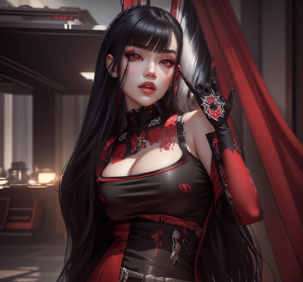 AVATAR SECOND LIFE Korean girl, red blouse, black blouse, Asian, long white hair,Perfect and detailed face, imvu, maximalist details, AVATAR SECOND LIFE Korean blusa , neon, 