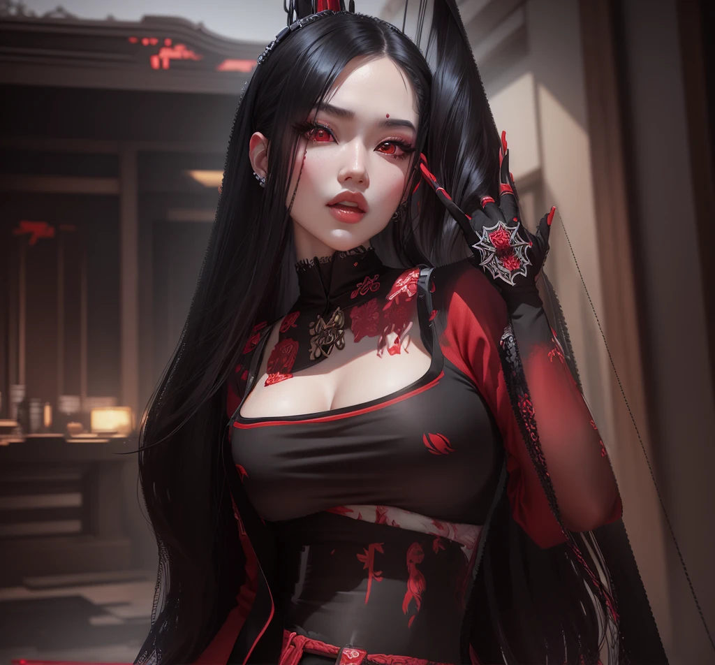 AVATAR SECOND LIFE Korean girl, red blouse, black blouse, Asian, long white hair,Perfect and detailed face, imvu, maximalist details, AVATAR SECOND LIFE Korean blusa , neon, 
