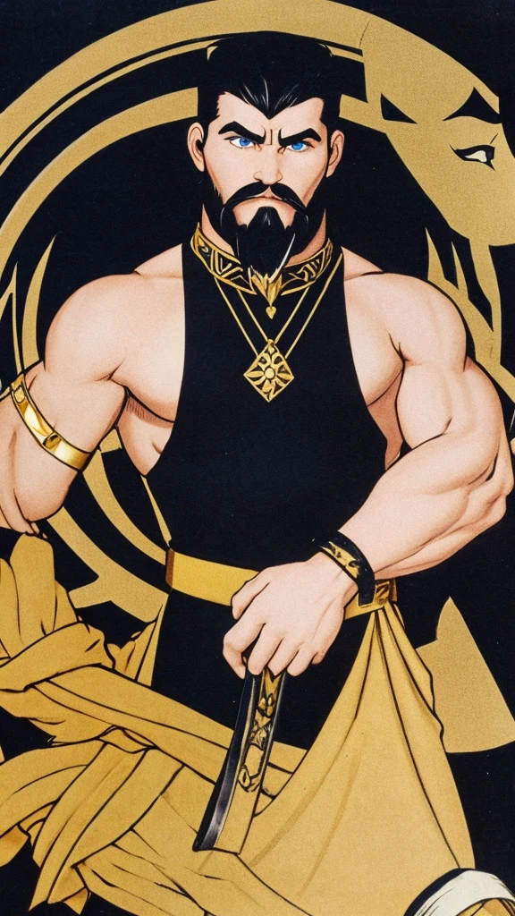 White man with blue eyes, with black hair, with a goatee, measuring 1,80, athletic body, wearing black armband with gold details and a ruby stone on the chest, in a dark place surrounded by monsters