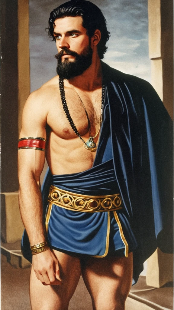 White man with blue eyes, with black hair, with a goatee, measuring 1,80, athletic body, wearing black armband with gold details and a ruby stone on the chest, in a dark place surrounded by monsters