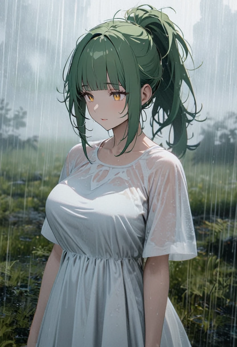 Mature woman, perfect anatomic draw, perfect eyes, long green hair, yellow eyes, serene face, messy hair, straight bangs down, ponytail in the hair, breasts, white puff dress, foggy, in the field, raining, 8k, high quality, full HD.