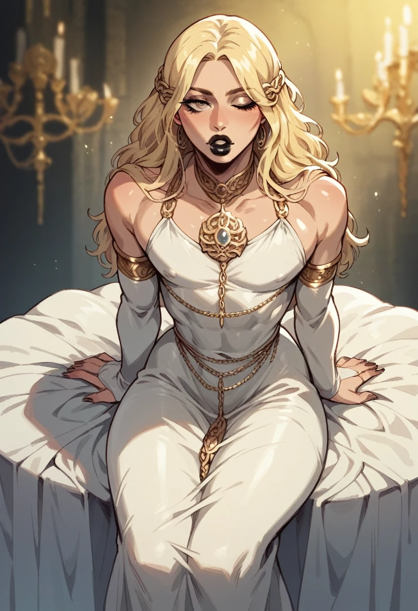 Miquella from elden ring sitting down, miquella, full lips, blonde, white revealing dress, gold, bimbo femboy, black lipstick,