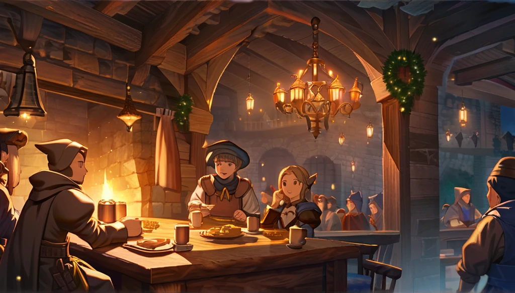 ((Final Fantasy Tactics based, anime Infinite Status art, 4k, epic quality, Surrealist Dreamy, detailed texture)). The theme is festive. It's night. The setting is a large old medieval tavern, well detailed, wooden furniture, wooden walls with chandeliers completely illuminating the scene, some windows, wooden floors, there are several people(men and women, from several different Final Fantasy Tactics classes, partying and drinking a lot of beer, they are drunk) around the scene. The focus is a man, 31-years-old wizard, bald, handsome face, smiling like a drunk, black beard slightly gray, white skin, brown eyes, strong and short in stature, he wears a pointy wizard's hat and legendary wizard's clothes, he is drinking beer from a mug using his left hand). The atmosphere is happy and magical. Complete view of the setting.