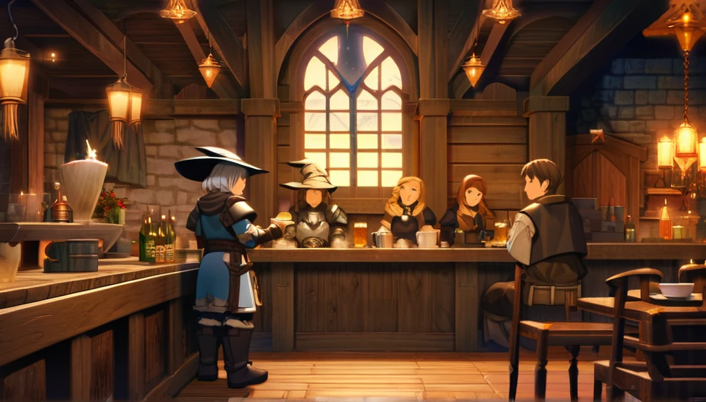 ((Final Fantasy Tactics based, anime Infinite Status art, 4k, epic quality, Surrealist Dreamy, detailed texture)). The theme is festive.  It's night.  The setting is a large old medieval tavern, well detailed, wooden furniture, wooden walls with chandeliers completely illuminating the scene, some windows, wooden floors, there are several people(men and women, from several different Final Fantasy Tactics classes, partying and drinking a lot of beer, they are drunk) around the scene. The focus is a man, 31-years-old wizard, bald, handsome face, smiling like a drunk, black beard slightly gray, white skin, brown eyes, strong and short in stature, he wears a pointy wizard's hat and legendary wizard's clothes, he is drinking beer from a mug using his left hand).  The atmosphere is happy and magical. Complete view of the setting.