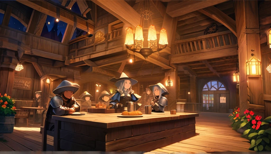 ((Final Fantasy Tactics based, anime Infinite Status art, 4k, epic quality, Surrealist Dreamy, detailed texture)). The theme is festive.  It's night.  The setting is a large old medieval tavern, well detailed, wooden furniture, wooden walls with chandeliers completely illuminating the scene, some windows, wooden floors, there are several people(men and women, from several different Final Fantasy Tactics classes, partying and drinking a lot of beer, they are drunk) around the scene. The focus is a man, 31-years-old wizard, bald, handsome face, smiling like a drunk, black beard slightly gray, white skin, brown eyes, strong and short in stature, he wears a pointy wizard's hat and legendary wizard's clothes, he is drinking beer from a mug using his left hand).  The atmosphere is happy and magical. Complete view of the setting.