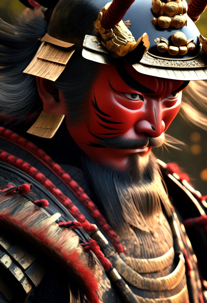 (((samurai armor))) best qualityer, Very high resolution, Detailed CG in 4K, work of art, Hachiman, rot, shui mo hua, Chinese tribes, chinese city, forst, Aesthetics, Beautiful picture, centerot on the screen, all-body