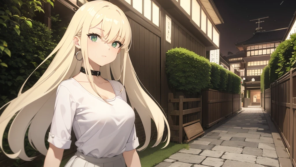 1woman, long blonde hair, green eyes, silver hoops, wearing plain white shirt, mini skirt, small kyoto town, night time, absurdres, high res, ultrasharp, 8K, masterpiece, looking at viewer