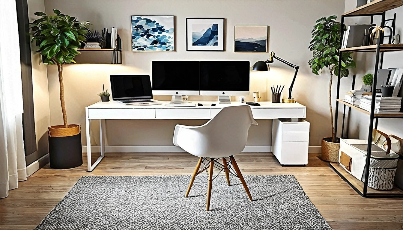 Create an image of the home office, a hub of productivity and style. Highlight an ergonomic workspace, advanced connectivity, and an inspiring design that fosters creativity