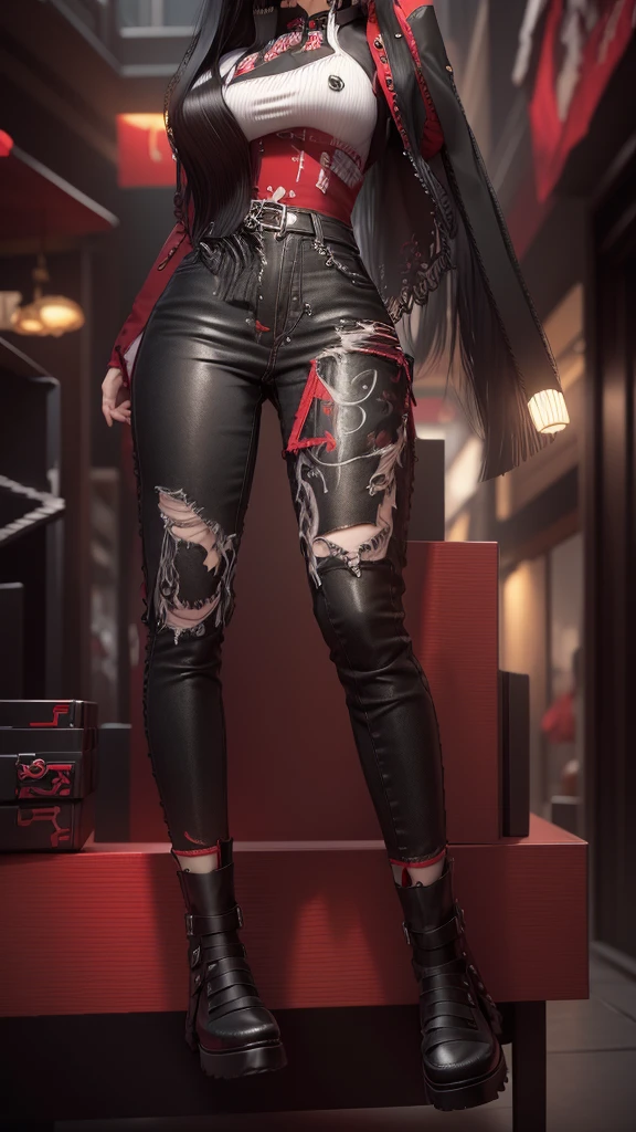 AVATAR SECOND LIFE Korean girl, red blouse, black blouse, Asian, long white hair,Perfect and detailed face, imvu, maximalist details, AVATAR SECOND LIFE Korean blusa , neon, Ripped jeans